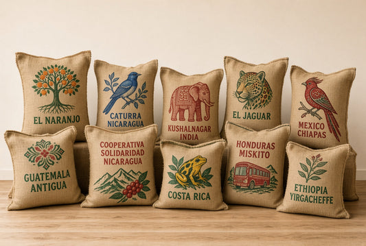 Sacs de café verts des différentes origines de la Brûlerie du Cellier