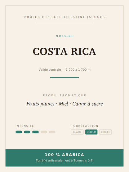 Fiche du café Costa Rica : origine, altitude, profil aromatique, intensité et torréfaction