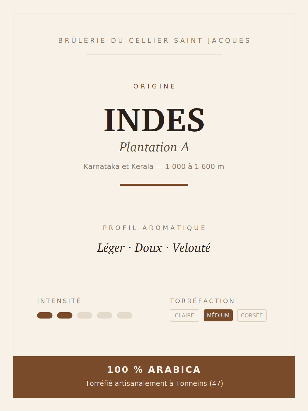 Fiche du café des Indes Plantation A : Karnataka, altitude, profil aromatique et torréfaction