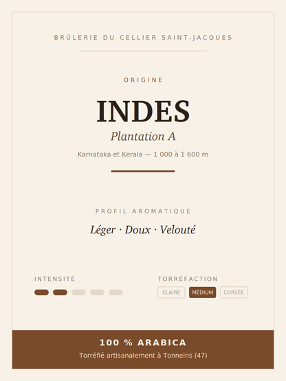 Fiche du café des Indes Plantation A : Karnataka, altitude, profil aromatique et torréfaction