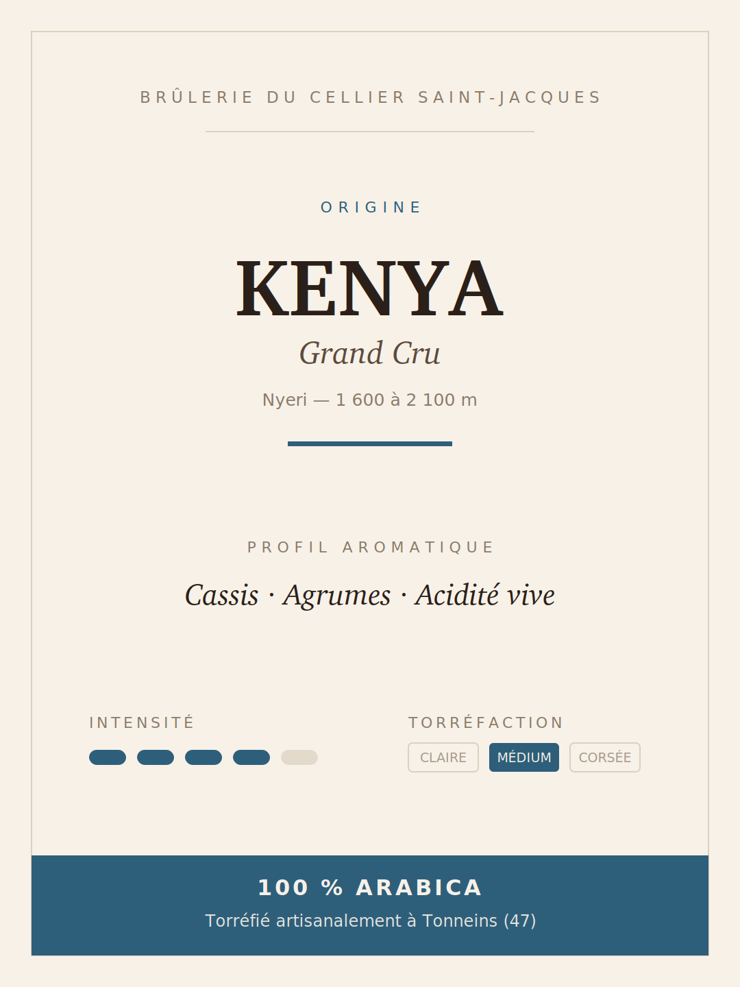 Fiche du café Kenya Grand Cru : origine, altitude, profil aromatique, intensité et torréfaction
