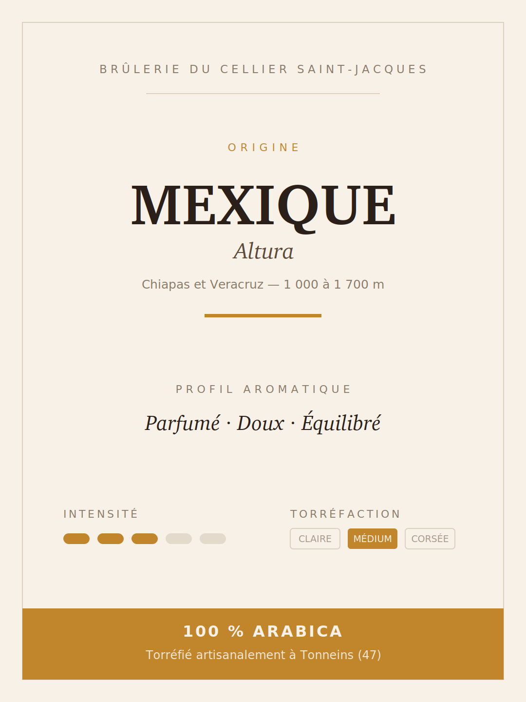 Fiche du café Mexique Altura : Chiapas, altitude, profil aromatique, intensité et torréfaction