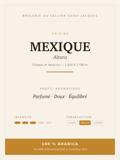 Fiche du café Mexique Altura : Chiapas, altitude, profil aromatique, intensité et torréfaction