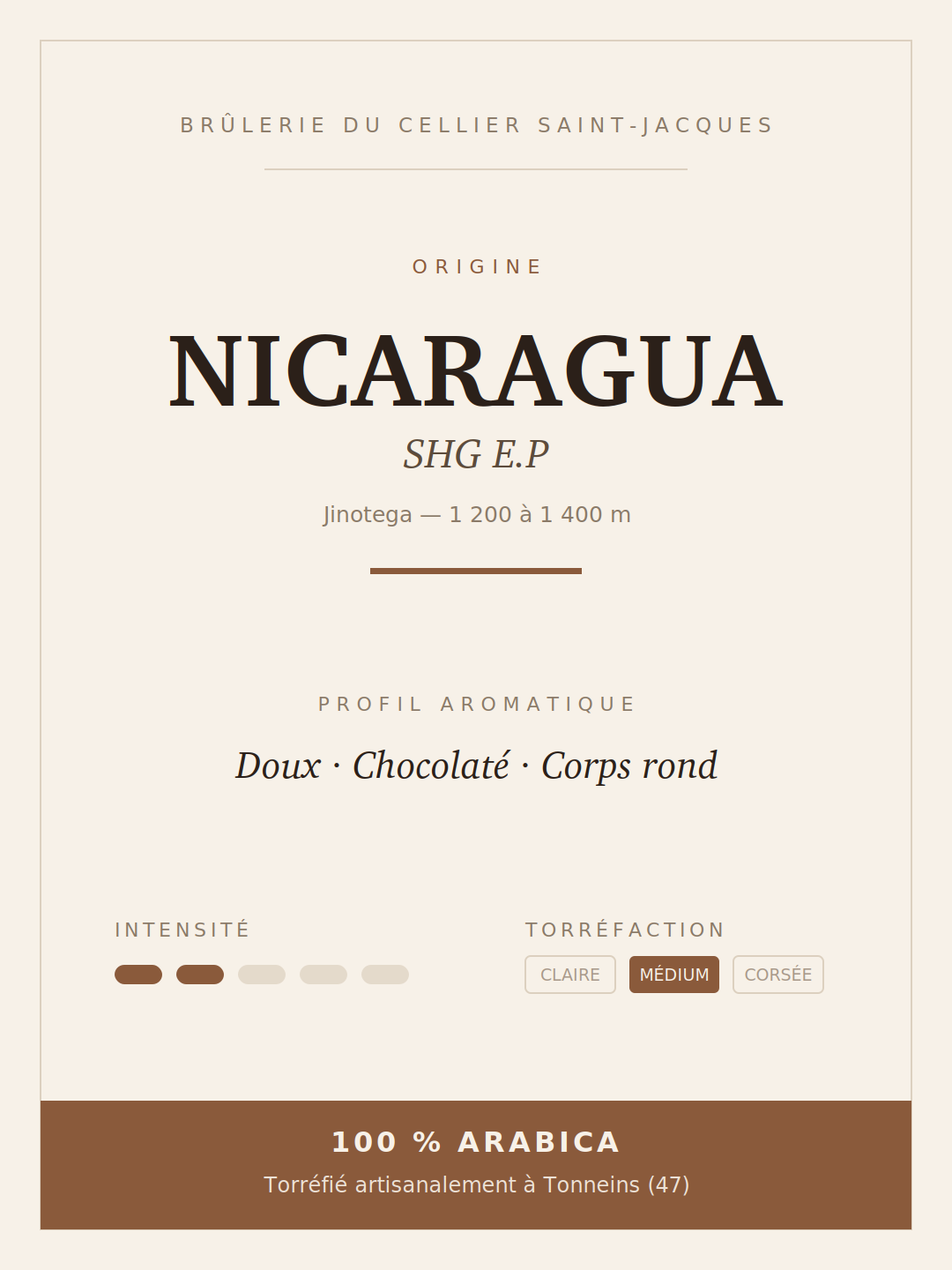 Fiche du café Nicaragua SHG E.P : Jinotega, altitude, profil aromatique et torréfaction