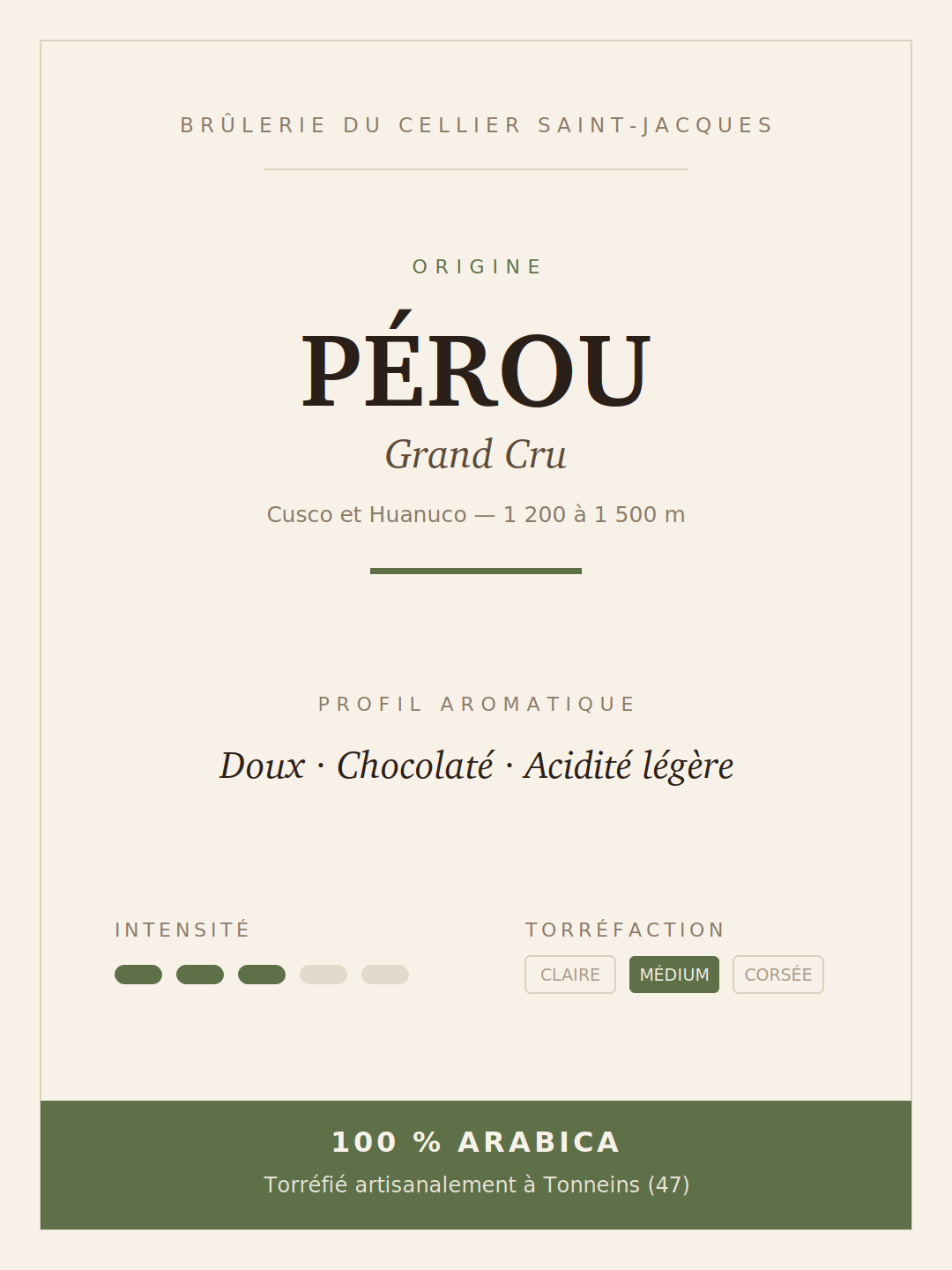 Fiche du café Pérou Grand Cru Hard Bean : Cusco, altitude, profil aromatique et torréfaction