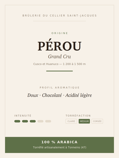 Fiche du café Pérou Grand Cru Hard Bean : Cusco, altitude, profil aromatique et torréfaction